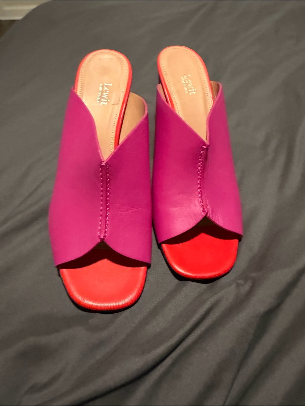 NWT Lewit Fuchsia and Red Leather Slide Mules
